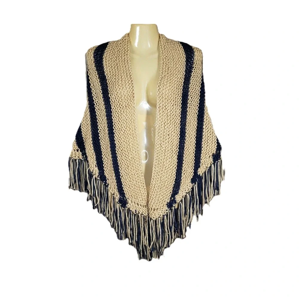 NEW Blue Beige Hand Knitted Shawl Wrap Scarf Boho Hippie‎ Coastal Indie Artsy